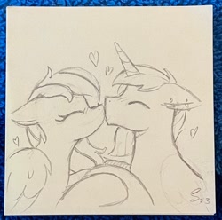 Size: 2048x2030 | Tagged: safe, artist:selenophile, derpibooru import, oc, oc only, oc:feather river, oc:flashnote, pegasus, pony, unicorn, ear piercing, holding hooves, kissing, piercing, traditional art