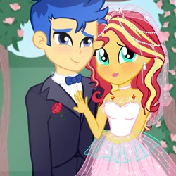 Size: 1280x1280 | Tagged: safe, artist:gisbelleart, derpibooru import, flash sentry, sunset shimmer, equestria girls, clothes, dress, duo, female, flashimmer, male, marriage, shipping, straight, tuxedo, wedding, wedding dress