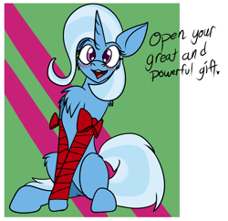 Size: 2222x2148 | Tagged: source needed, safe, artist:saolshu, derpibooru import, trixie, pony, unicorn, blushing, bronybait, female, gift wrapped, great and powerful, looking at you, mare, open mouth, open smile, present, ribbon, sitting, smiling, solo