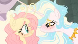 Size: 1280x720 | Tagged: safe, artist:webkinzworldz, derpibooru import, edit, edited screencap, screencap, fluttershy, princess celestia, alicorn, flutter pony, pegasus, pony, horse play, alternate design, antenna, antennae, duo, ear fluff, ears, eye contact, eyeshadow, female, freckles, freckleshy, jewelry, looking at each other, looking at someone, makeup, mare, necklace, race swap, smiling, smiling at each other