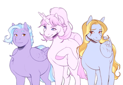 Size: 2868x1982 | Tagged: safe, artist:celeriven, derpibooru import, oc, oc only, oc:dove, oc:honeybee, oc:lacey heart, pegasus, pony, unicorn, female, looking at each other, looking at someone, looking sideways, mare, offspring, parent:bulk biceps, parent:cloudchaser, parent:fancypants, parent:fleur-de-lis, parent:flitter, parent:thunderlane, parents:fancyfleur, parents:flitterbulk, parents:thunderchaser, quadrupedal, simple background, trio, white background