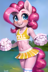 Size: 2048x3072 | Tagged: safe, generator:novelai, machine learning generated, pinkie pie, anthro, earth pony, age regression, belly button, blushing, cheerleader, female, looking at you, midriff, pom pom, prompter:foal-harem, smiling, smiling at you, socks, solo, solo female, underage, younger