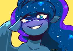 Size: 2048x1423 | Tagged: safe, artist:lrusu, derpibooru import, princess luna, alicorn, anthro, blushing, ears, eye clipping through hair, floppy ears, looking at you, simple background, smiling, smiling at you, solo, yellow background