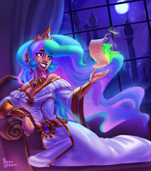 Size: 3859x4363 | Tagged: safe, artist:kyurochurro, derpibooru import, princess celestia, human, absurd file size, absurd resolution, breasts, cleavage, clothes, dress, ear piercing, earring, female, full moon, grin, humanized, jewelry, looking at something, moon, night, off shoulder, piercing, reclining, scroll, signature, smiling, sofa, solo, tan skin