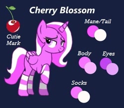 Size: 399x348 | Tagged: safe, derpibooru import, oc, oc only, oc:cherry blossom, alicorn, blue background, clothes, reference sheet, simple background, socks, solo, striped socks
