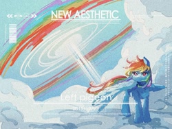 Size: 2160x1620 | Tagged: safe, artist:lendftcn, derpibooru import, rainbow dash, pegasus, pony, cloud, female, film grain, high res, looking at you, mare, on a cloud, solo, sonic rainboom, standing on a cloud, text