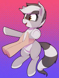 Size: 2100x2800 | Tagged: safe, artist:thebatfang, derpibooru import, oc, oc only, oc:bandy cyoot, human, hybrid, pony, raccoon, raccoon pony, abstract background, cute, cute little fangs, fangs, gradient background, hand, heart, heart eyes, holding a pony, open mouth, open smile, smiling, underhoof, upsies, wingding eyes