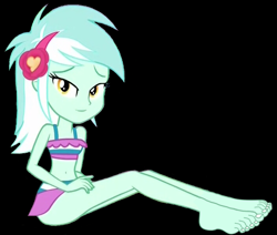 Size: 703x595 | Tagged: safe, artist:ewie2002, derpibooru import, lyra heartstrings, human, equestria girls, barefoot, black background, clothes, feet, fetish, foot fetish, foot focus, looking at you, simple background, sitting, smiling, smiling at you, solo, swimsuit, toenails, toes