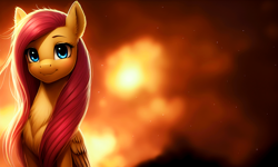 Size: 2560x1536 | Tagged: safe, derpibooru exclusive, derpibooru import, editor:darbarri, generator:stable diffusion, machine learning generated, fluttershy, pegasus, pony, chest fluff, female, folded wings, looking at you, mare, smiling, solo, wallpaper, wings