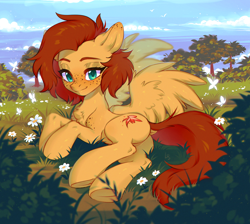 Size: 2222x1993 | Tagged: safe, artist:ls_skylight, derpibooru import, oc, oc only, oc:yuris, pegasus, pony, art trade, butt, ears, female, flower, lying down, plot, smiling, solo, spread wings, wings