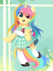 Size: 1500x2000 | Tagged: source needed, safe, artist:ely亚兔子, derpibooru import, oc, oc only, oc:lemon, pony, unicorn, bipedal, clothes, happy, heterochromia, horn, smiling, solo, standing, standing on one leg, unicorn oc, uniform