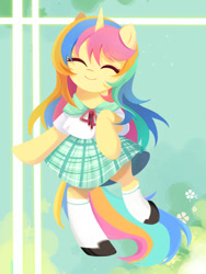 Size: 1500x2000 | Tagged: safe, artist:ely亚兔子, derpibooru import, oc, oc only, oc:lemon, pony, unicorn, bipedal, clothes, happy, horn, smiling, solo, standing, standing on one leg, unicorn oc, uniform