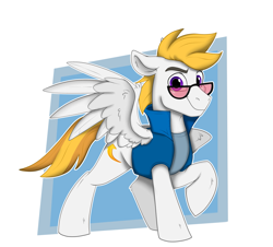 Size: 2491x2250 | Tagged: safe, artist:rutkotka, derpibooru import, oc, oc:lightpoint, pegasus, pony, clothes, full body, glasses, male, raised hoof, raised leg, simple background, smiling, solo, spread wings, stallion, wings