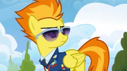 Size: 2160x1211 | Tagged: safe, derpibooru import, screencap, spitfire, pegasus, pony, top bolt, bush, clothes, cloud, drill sergeant, female, head turn, necktie, solo, suit, sunglasses, uniform, whistle, whistle necklace, wonderbolts dress uniform