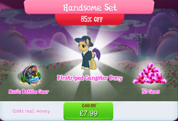 Size: 1268x861 | Tagged: safe, derpibooru import, idw, earth pony, pony, bundle, bush, chains, clothes, costs real money, english, gameloft, gem, hat, idw showified, male, mobile game, musical instrument, my little pony: magic princess, necktie, numbers, official, piano, pinstripes, sale, solo, solo focus, speaker, stallion, suit, text, unnamed character, unnamed pony