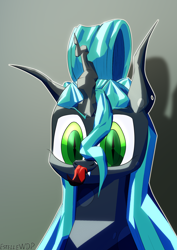 Size: 3508x4961 | Tagged: safe, artist:estellewdp, derpibooru import, queen chrysalis, changeling, pony, green eyes, horn, solo, tongue, tongue out