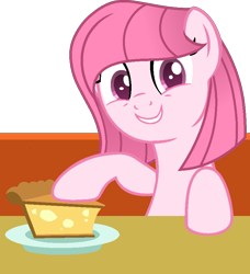 Size: 784x859 | Tagged: safe, artist:ponybaseparadise, artist:tanahgrogot, derpibooru import, oc, oc only, oc:annisa trihapsari, earth pony, pony, base used, female, food, grin, gritted teeth, happy, looking at you, mare, pie, simple background, smiling, smiling at you, solo, teeth, transparent background