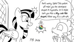 Size: 1200x675 | Tagged: safe, artist:pony-berserker, derpibooru import, spike, twilight sparkle, twilight sparkle (alicorn), alicorn, dragon, pony-berserker's twitter sketches, monochrome, neo noir, partial color, pony-berserker's twitter sketches (2023), potion, twilight's castle, winged spike, wings