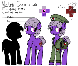 Size: 1166x988 | Tagged: safe, artist:uteuk, derpibooru import, oc, oc:natrix capefiv, earth pony, bag, barbed wire, beret, clothes, earth pony oc, female, hat, mare, medic, medical saddlebag, military, military uniform, nurse, red cross, uniform