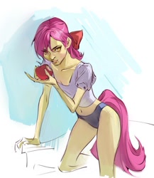 Size: 648x745 | Tagged: safe, artist:kirrrika, derpibooru import, apple bloom, human, apple, clothes, eating, food, humanized, panties, pony coloring, shirt, solo, tail, tailed humanization, underwear