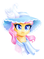 Size: 904x1194 | Tagged: safe, artist:maytee, derpibooru import, swan song, earth pony, pony, clothes, colored pencil drawing, commission, female, hat, looking at you, mare, not fluttershy, simple background, solo, traditional art, white background