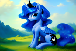Size: 1920x1280 | Tagged: safe, derpibooru exclusive, derpibooru import, editor:dovakkins, generator:stable diffusion, machine learning generated, princess luna, alicorn, pony, :t, concave belly, cute, ethereal mane, female, filly, foal, grass, grass field, jewelry, looking at you, lunabetes, missing accessory, regalia, scenery, sitting, smiling, smiling at you, solo, tail, unshorn fetlocks, wavy mane, wavy tail, wings, woona, younger