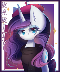 Size: 2000x2400 | Tagged: safe, artist:miryelis, derpibooru import, rarity, pony, unicorn, big ears, clothes, ears, hat, horn, impossibly large ears, long hair, looking back, makeup, simple background, smiling, solo, sparkles, text