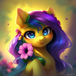 Size: 2048x2048 | Tagged: safe, derpibooru import, generator:purplesmart.ai, generator:stable diffusion, machine learning generated, oc, oc only, earth pony, pony, beautiful, bust, female, flower, flower in hair, looking at you, mare, multicolored mane, raised hoof, raised leg, solo, unnamed oc