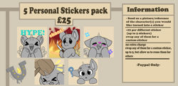 Size: 7237x3500 | Tagged: safe, artist:rokosmith26, derpibooru import, oc, pony, advertisement, advertisement in description, advertising, commission, commission info, confused, ears, excited, fire, floppy ears, hammer, happy, knife, open mouth, sticker, sticker pack, text, watermark, your character here