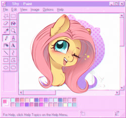 Size: 1000x941 | Tagged: safe, artist:inkypuso, derpibooru import, fluttershy, pegasus, pony, blushing, bust, cute, ear blush, female, looking at you, mare, ms paint, one eye closed, open mouth, open smile, out of frame, shyabetes, smiling, smiling at you, solo, tongue, tongue out, wink, winking at you