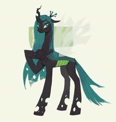 Size: 1784x1879 | Tagged: safe, artist:maggie0li, artist:overthemaginot, derpibooru import, queen chrysalis, changeling, changeling queen, concave belly, female, hoof on chest, long mane, looking at you, mare, simple background, slim, smiling, smirk, solo, standing, thin, white background
