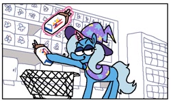 Size: 1842x1092 | Tagged: safe, artist:punkittdev, derpibooru import, trixie, pony, unicorn, bread, cape, clothes, commission, female, food, glowing, glowing horn, hat, horn, magic, mare, shopping, shopping cart, simple background, solo, trixie's cape, trixie's hat, white background, wonder bread