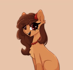 Size: 1950x1860 | Tagged: safe, artist:_alixxie_, derpibooru import, oc, oc only, oc:ruby, earth pony, pony, chest fluff, earth pony oc, female, freckles, heart, heart eyes, jewelry, looking at you, mare, necklace, open mouth, open smile, orange background, simple background, smiling, smiling at you, solo, wingding eyes