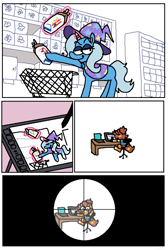 Size: 1842x2742 | Tagged: safe, artist:punkittdev, derpibooru import, trixie, oc, oc only, pony, unicorn, bread, breaking the fourth wall, cape, chair, clothes, comic, commission, computer, crosshair, desk, drawing tablet, female, food, glowing, glowing horn, gun, hat, horn, laptop computer, magic, mare, murrlogic, rifle, shopping, shopping cart, simple background, sniper rifle, this will end in death, trixie's cape, trixie's hat, weapon, white background, wonder bread