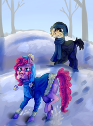 Size: 1000x1355 | Tagged: safe, artist:temary03, derpibooru import, pinkie pie, oc, earth pony, pony, breath, clothes, crossover, dan, dan vs, earth pony oc, female, hat, mare, ponified, snow, species swap, stallion oc