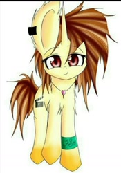Size: 710x1016 | Tagged: safe, anonymous artist, derpibooru import, oc, oc:psychicfiresong, pony, unicorn, brown mane, jewelry, leg band, male, necklace, red eyes, solo