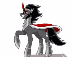 Size: 2048x1638 | Tagged: safe, artist:zendora, derpibooru import, king sombra, pony, umbrum, unicorn, antagonist, evil grin, eyebrows, grin, male, raised hoof, raised leg, shadow, signature, simple background, smiling, solo, stallion, white background