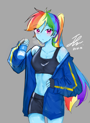 Size: 584x800 | Tagged: safe, artist:rainbom__1122, artist:rainn__1026, derpibooru import, rainbow dash, human, equestria girls, blushing, clothes, female, gray background, jacket, midriff, ponytail, shorts, simple background, solo, sports bra, sports shorts, sweat, water bottle