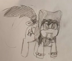 Size: 2430x2045 | Tagged: safe, artist:jimm, derpibooru import, oc, oc:lightning dee, pegasus, pony, bow, choker, clothes, fangs, female, folded wings, hoodie, long fangs, mare, sketch, solo, spiked choker, spiked wristband, traditional art, wings, wristband