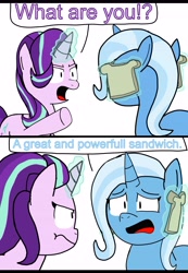 Size: 3508x5083 | Tagged: safe, artist:sketchyboi25, derpibooru import, starlight glimmer, trixie, pony, unicorn, angry, food, frown, funny, gordon ramsay, idiot sandwich, magic, meme, sandwich, speech bubble, unamused