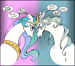 Size: 888x780 | Tagged: safe, artist:alexspastic, derpibooru import, princess celestia, alicorn, pony, unicorn, amalthea, angry, argument, colored, gradient background, the last unicorn, vulgar