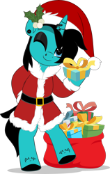 Size: 3163x5000 | Tagged: safe, artist:jhayarr23, derpibooru import, pony, unicorn, as it is, bipedal, christmas, clothes, commission, costume, dyed mane, dyed tail, ear piercing, eyeshadow, gauges, hat, holiday, holly, hoof hold, hoof polish, horn, horn piercing, looking at you, makeup, male, nose piercing, one eye closed, patty walters, piercing, ponified, present, sack, santa costume, santa hat, simple background, smiling, species swap, stallion, tail, tattoo, transparent background, wink, ych result