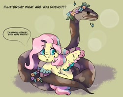 Size: 1900x1500 | Tagged: safe, artist:cluterdrop, artist:exhear, derpibooru import, fluttershy, pegasus, pony, snake, cloven hooves, colored wings, colored wingtips, dialogue, duo, ears, eyebrows, eyebrows visible through hair, female, floppy ears, floral head wreath, flower, green background, lying down, mare, multicolored mane, multicolored tail, multicolored wings, offscreen character, prone, simple background, sparkles, speech bubble, tail, unshorn fetlocks, wings