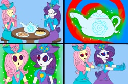 Size: 2266x1488 | Tagged: safe, artist:artsymlp12, derpibooru import, fluttershy, rarity, human, equestria girls, british, clothes, comic, cup, dress, duo, gown, hypno eyes, hypnosis, hypnotized, long dress, long skirt, skirt, swirly eyes, teacup, teapot