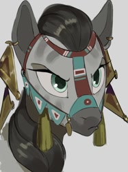 Size: 908x1212 | Tagged: safe, artist:cadillacdynamite, derpibooru import, oc, zebra, accessories, bridle, bust, female, portrait, solo, tack