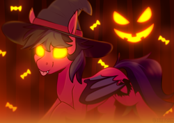 Size: 4093x2894 | Tagged: safe, artist:jellysketch, derpibooru import, bat pony, pony, :p, bat wings, commission, ear fluff, ears, fall out boy, fangs, folded wings, glowing, glowing eyes, hat, male, pete wentz, ponified, solo, species swap, stallion, tongue, tongue out, wings, witch hat, ych result