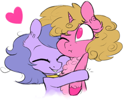 Size: 500x401 | Tagged: safe, artist:lolepopenon, derpibooru import, oc, oc only, oc:billie, oc:curly cue, earth pony, pony, unicorn, heart, hug, simple background, white background