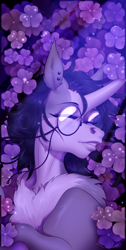 Size: 2283x4525 | Tagged: safe, artist:emalajissda, derpibooru import, oc, oc only, oc:shizuka kitsune, fox, chest fluff, clover, detailed background, ear piercing, fangs, female, glasses, horn, piercing, solo