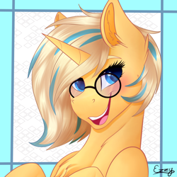 Size: 2000x2000 | Tagged: safe, artist:monsoonvisionz, derpibooru import, oc, oc only, oc:positron, pony, unicorn, chest fluff, ear fluff, ears, female, glasses, horn, mare, signature, simple background, smiling, solo, unicorn oc