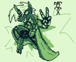 Size: 872x717 | Tagged: safe, artist:damset, derpibooru import, oc, oc only, oc:da-mset, changeling, cloak, clothes, monochrome, ms paint, one eye, pixel art, simple background, taunting